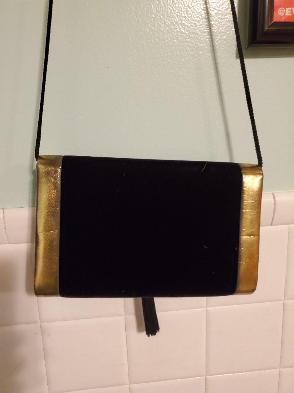 Vintage Black Velvet and Gold Evening Shoulder Tassel Bag - Picture 8 of 11